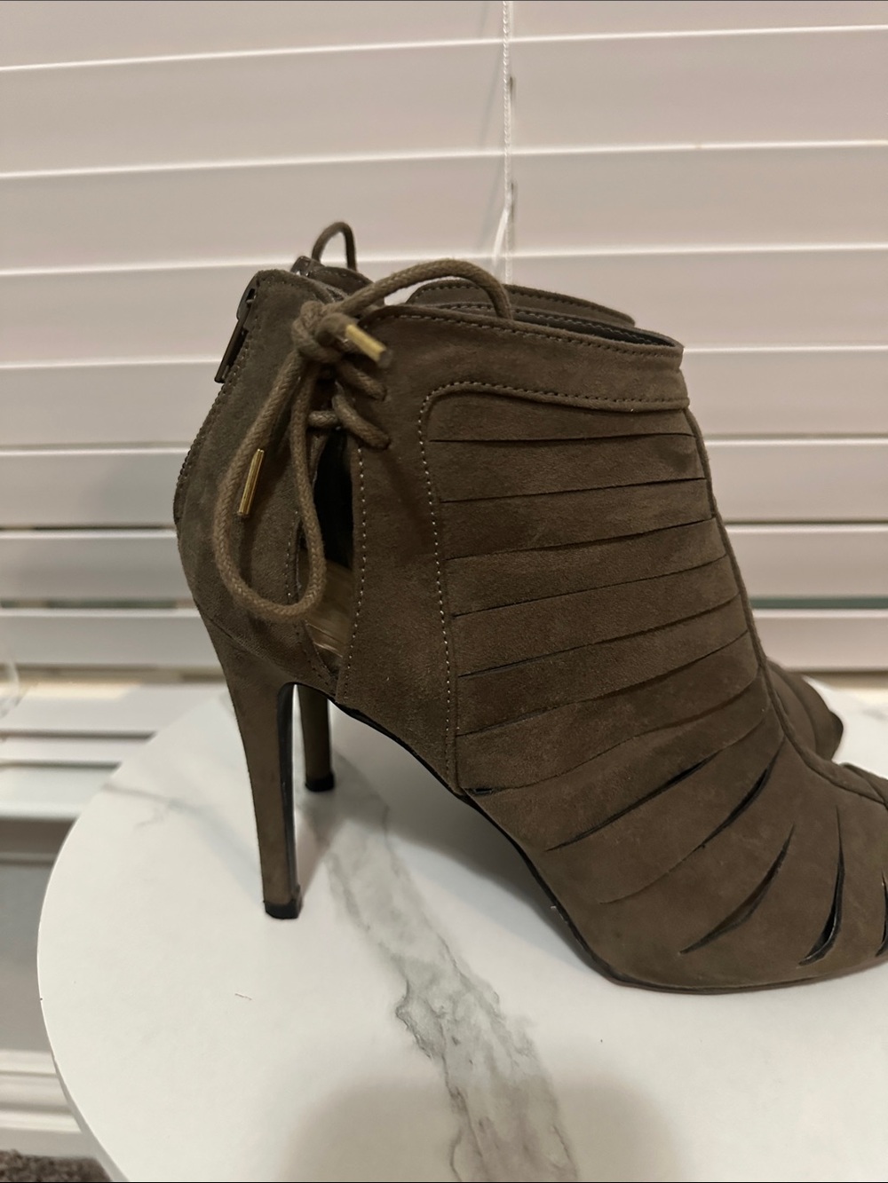 Women's Olive Suede Peep-Toe High Heel Booties - Picture 3 of 4